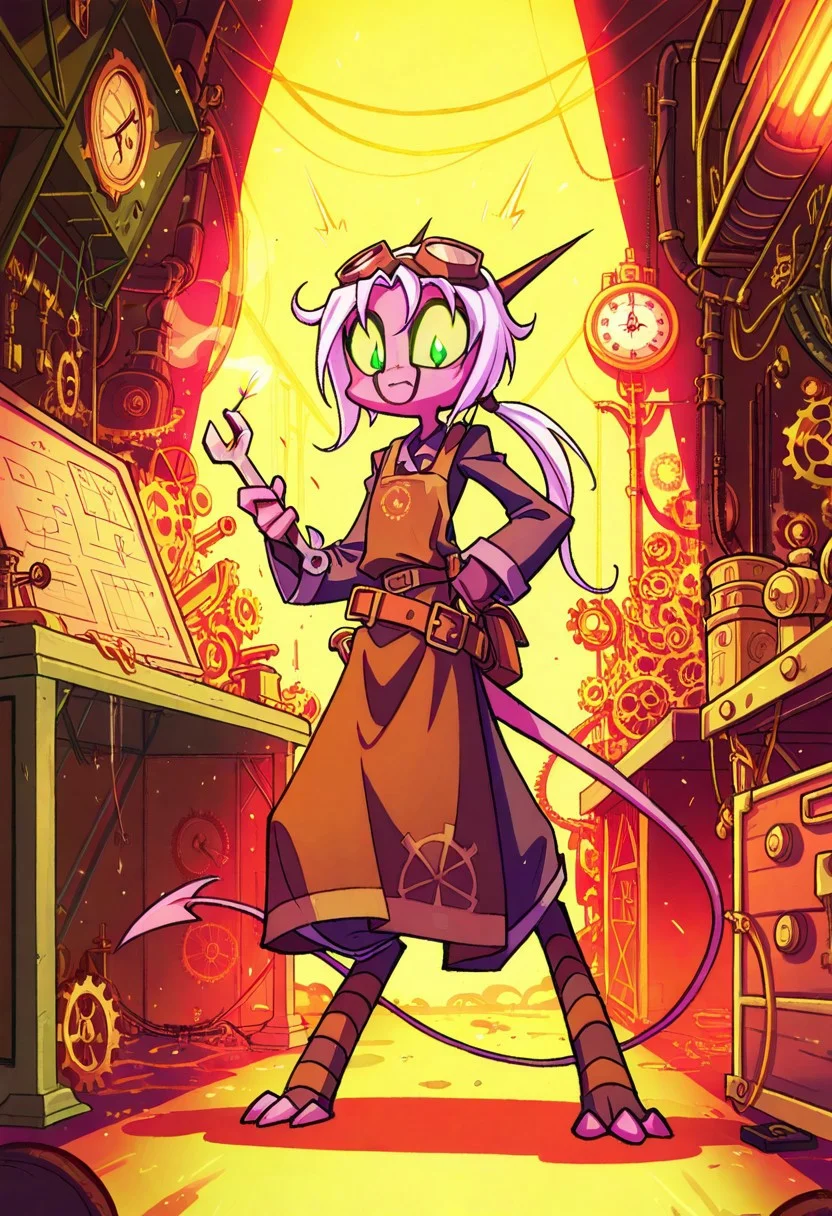 score_9, score_8_up, score_7_up,namah_calah,
1girl,solo,furry,tail, source_furry,horns,
 ,<lora:namah_calah_illustrious:0.8>,
child, kid, 
in goggles and a leather apron tinkers with a brass robot. Sparks fly from her wrench, and blueprints litter the floor. A mechanical parrot squawks on a gear-shaped clock, steampunk, goggles, apron, robot, mechanical_parrot, sparks, wrench, blueprint, gears, clockwork, workshop, oil_stains, brass, leather, ponytail, determined_expression, smoke, toolbelt, industrial_lighting