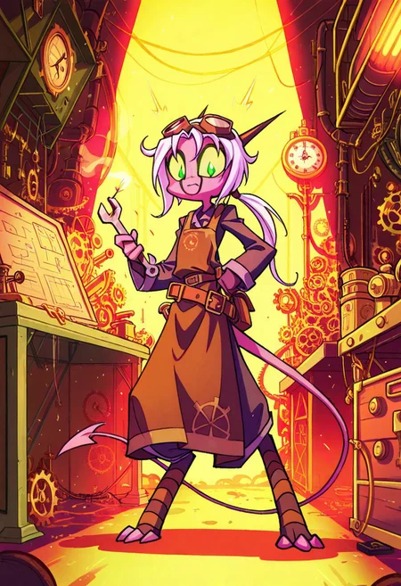 score_9, score_8_up, score_7_up,namah_calah,
1girl,solo,furry,tail, source_furry,horns,
,<lora:namah_calah_illustrious:0.8>,
child, kid,
in goggles and a leather apron tinkers with a brass robot. Sparks fly from her wrench, and blueprints litter the floor. A mechanical parrot squawks on a gear-shaped clock, steampunk, goggles, apron, robot, mechanical_parrot, sparks, wrench, blueprint, gears, clockwork, workshop, oil_stains, brass, leather, ponytail, determined_expression, smoke, toolbelt, industrial_lighting