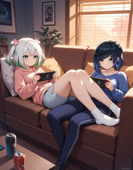 <lora:midis_CouchSharing_V0.5[IL]:1> couch sharing, gaming,  <lora:midis_Midori_V1[IL]:1>  Midori, , sitting, on back, two side up, hair flower, pants,  socks, detailed background, white hair, yelan \(genshin impact\), pink flower, nintendo switch,, masterpiece,best quality, very aesthetic,absurdres,newest,