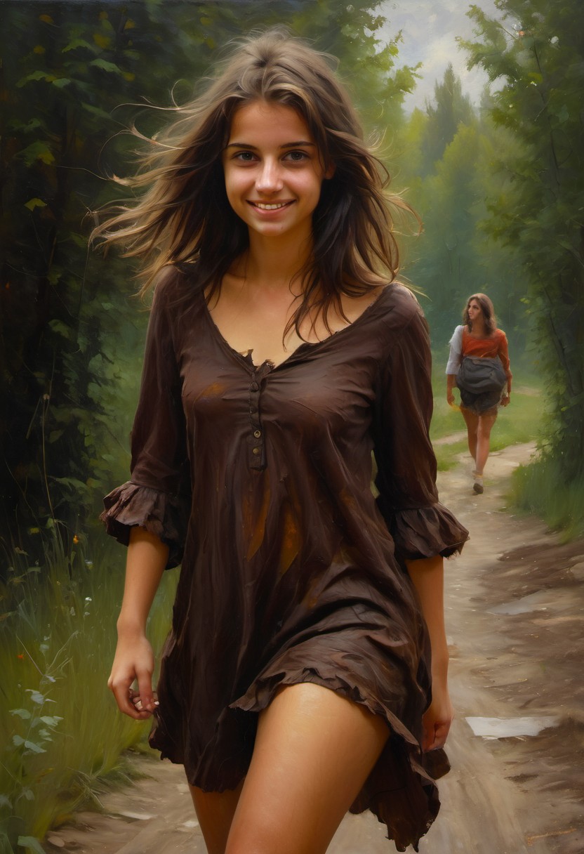 (((classical oil painting))), (((beautiful cute happy Hungarian girl wearing scruffy summer clothes))), messy dark-brown medium-length hair, (embarrassed), medium breasts, (((snub-nose))), ((dimples)), (((narrow hips))), ((dark eyes)), ((underboob)), mittens, (((candid))), (deserted dark village), (evening), Intricate textures, (high detailed skin:1.7),