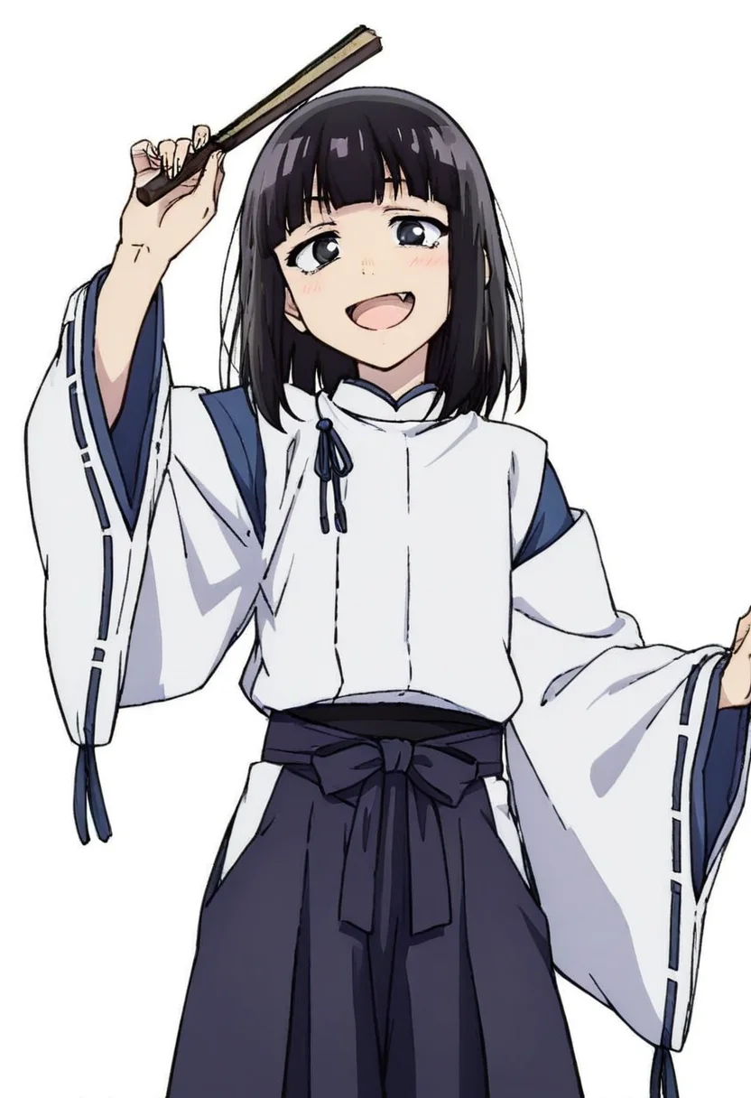 masterpiece, best quality, absurdres, detailed skin, detailed eyes, detailed face, anime colored, anime screencap, anime colored,
<lora:Suzushiro_Hatsuka_IL-000008:0.8>, 1 boy, femboy, Suzushiro Hatsuka, black hair, black eyes, bangs, looking at viewer,
smile, open mouth, fang, eyes open, cowboy shot, folding fan,
<lora:kariginu:1>, ((kariginu)), hakama skirt, long sleeves,
((white background)),