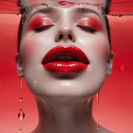 surrealism, floating red lips, dewdrops refracting light, ethereal mist, muted color palette, dreamlike, otherworldly, melting edges, sense of mystery, symbolic, Magritte-inspired , thick full lips