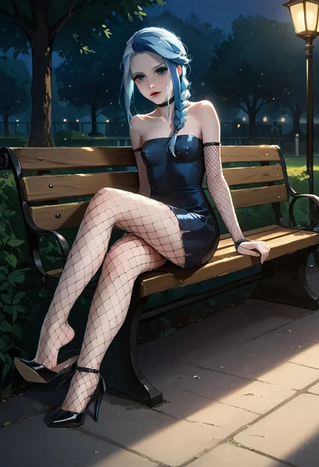 score_9, score_8_up, score_7_up, score_6_up, score_5_up, score_4_up, young woman, long blue colored braided hair, blue hair, thin body, pale skin, small breasts, long legs, covered_piercing, nipple piercing bulge, covered nipples, wearing black short dress, tight dress, strapless dress, wearing fishnet stockings, fishnet sleeves on wrists, sitting down on a Park bench, dangling high heel shoe from her foot, shoe dangle, high heels shoe dangle, very dark lighting, dynamic lighting,