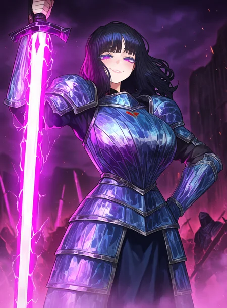masterpiece, best quality, very aesthetic,gloss,uncensored,
BREAK
1girl, black hair, large breasts, purple eyes, standing, holding sword, looking at viewer,colored eyelashes, armored dress, smug, outdoors, battlefield, ornate armor, glowing sword,
<lora:nai_ga-ill-fandingo:1>