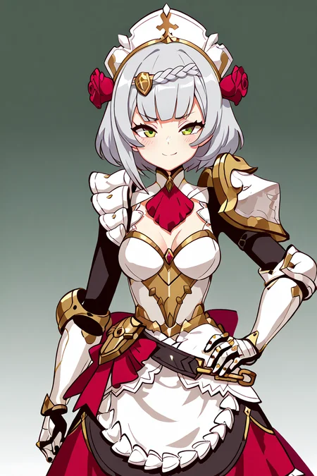 masterpiece, best quality, 1girl, solo, 21 year old model, eyelashes, (beautiful eyes), zzNoelle, green eyes, grey hair, hair flower, hair ornament, short hair, white hair, braid, maid headdress, armor, red rose, maid, gauntlets, shoulder armor, ,<lora:NoelleGenshinIXL:1.0>, cowboy shot, hand on hip, smug, smile, looking at viewer, shiny skin,<lora:DiivesIXL:1.0>,