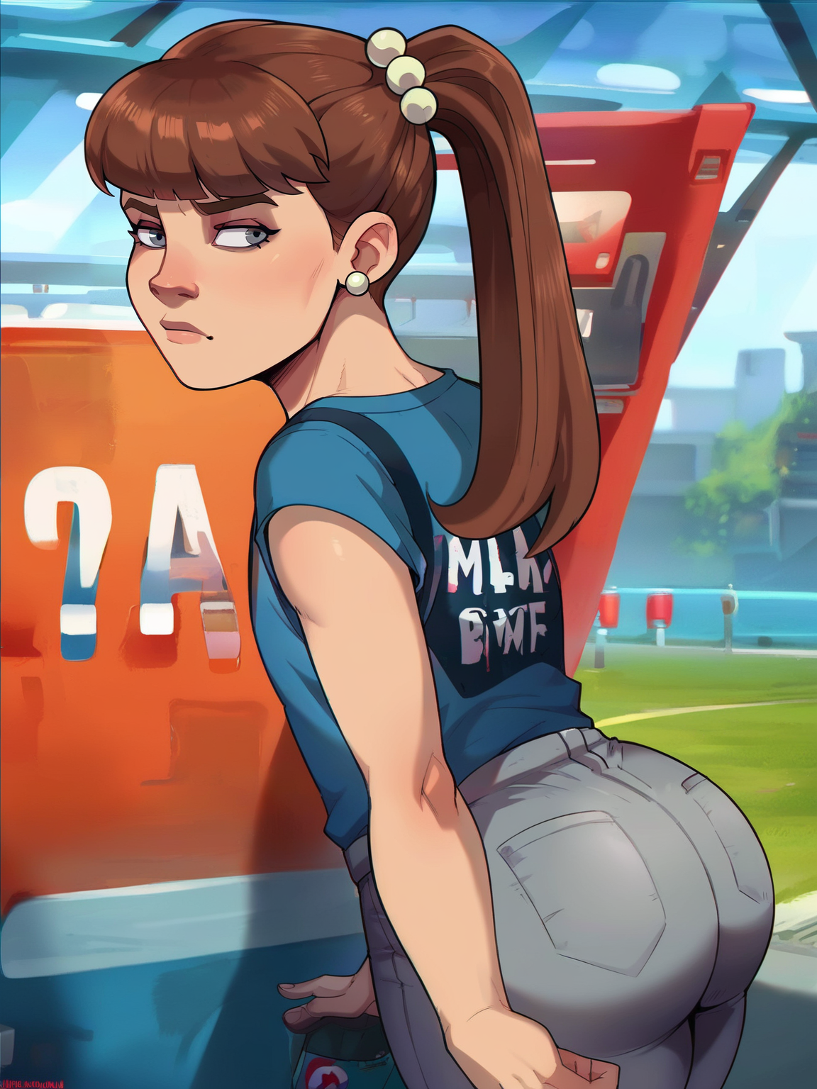 <lora:monster_girlv2:0.6> m_g, 1girl, brown ponytail hair, bangs, hairpin, small body, skinny body, grey eyes,   <lora:shadman_style_v4:0.9> wide hips, big ass, large ass, score_9, score_8_up, score_7_up,