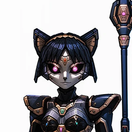 (<lora:Krystal_Starfox_PonyXL:1> Krystal, adventures, assault, krystal's staff, portrait, <lora:Robotization_Pony:1> Robot girl, Mecha, Android, mechanical limbs, robot joints, metal skin, black sclera, no mouth, armor, glowing eyes, no face), score_9, score_8_up, score_7_up