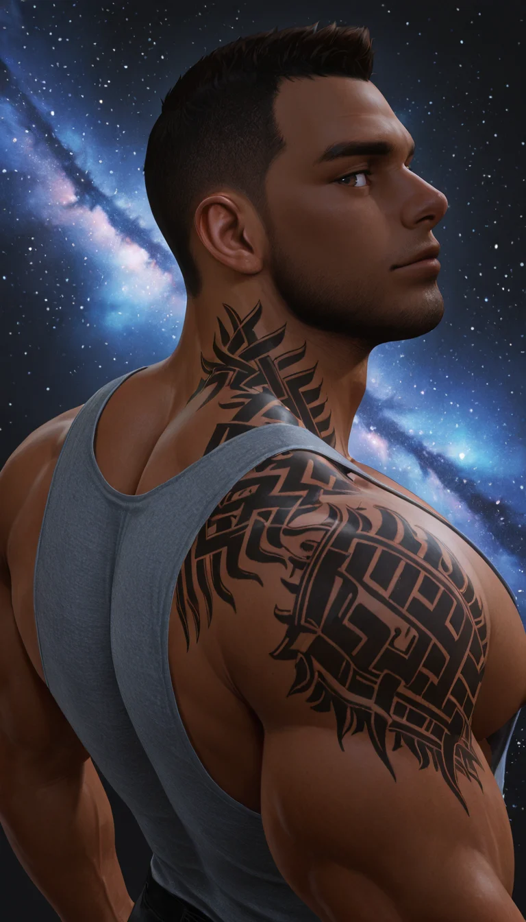 masterpiece,best quality,absurdres,newest,perfect quality,best quality,absolutely eye-catching,detailed background,from behind,looking back,from side,galaxy background,head tilt,portrait,seductive look,<lora:Mass Effect - James Vega - Illustrious_1:0.7>,jvega,1boy,brown hair,very short hair,dark skin,brown eyes,stubble,revealing gray tank top,side pectoral,muscular,shoulder tattoo,neck tattoo,bara,