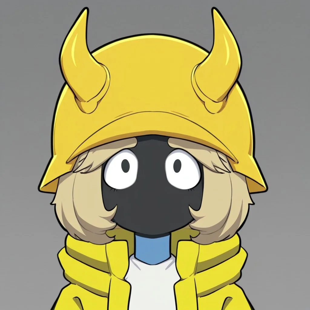 Tryhard Yunu, 1girl, solo, black skin, small round white eyes, elongated yellow helmet face with horns, open yellow coat, white shirt
Half body, Tryhard Yunu