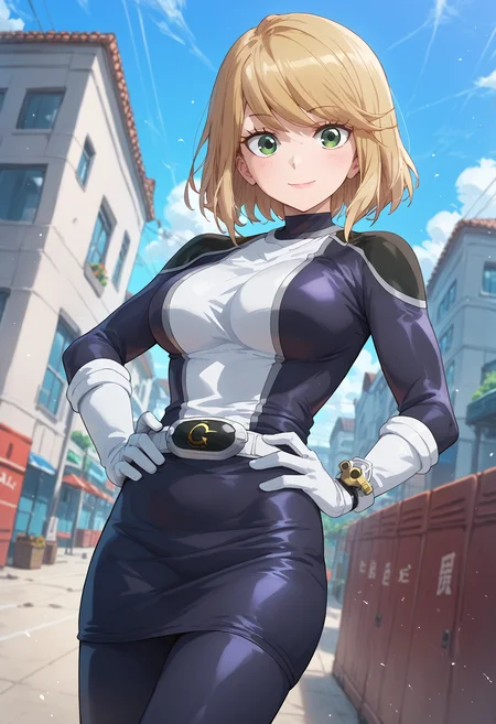 score_9, score_8_up, score_7_up, score_6_up, score_ANIME,desumi, 1girl, solo, smile, , green eyes, white gloves, blonde hair, looking at viewer, bodysuit, large breasts, swept bangs, <lora:magahara_desumi_pony2:1> pencil skirt, bob cut, hands on own hips, blue sky, day,