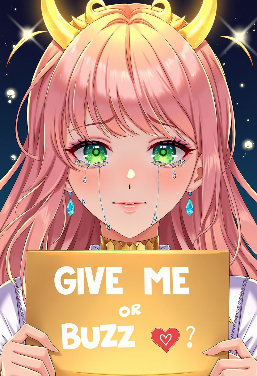 Holding a sign with the text " Give me Buzz or" 
Below the text is a shiny bright Gold Heart emoji
A close-up of a female character with long, flowing pinkish hair, subtly adorned with glowing, fiery elements, creating an ethereal look. Her serene expression contrasts with the deep emotion in her vivid green eyes, which brim with glossy tears cascading down her cheeks, catching the warm light. Her eyes, glowing with intricate reflections, convey quiet intensity despite her calm demeanor.
A radiant crown of glowing golden beams forms a halo around her head, paired with horn-like adornments that give her a regal, otherworldly presence. The golden light enhances her ethereal beauty, casting soft shadows on her delicate features, blending majesty with vulnerability. Beneath her chin, a golden, scale-like collar gleams, while glowing blue crystal earrings dangle gently, symbolizing her connection to both divine and earthly realms.
The scene is bathed in a warm, radiant glow, with golden sparkles floating around her, set against a backdrop of deep blues that contrast beautifully with the fiery golds. This interplay of light, regal adornments, and cascading tears gives the character an aura of divine sorrow or quiet strength, as if she is a celestial being lost in a moment of profound contemplation. Her expression and adornments evoke a powerful mix of beauty, vulnerability, and grace