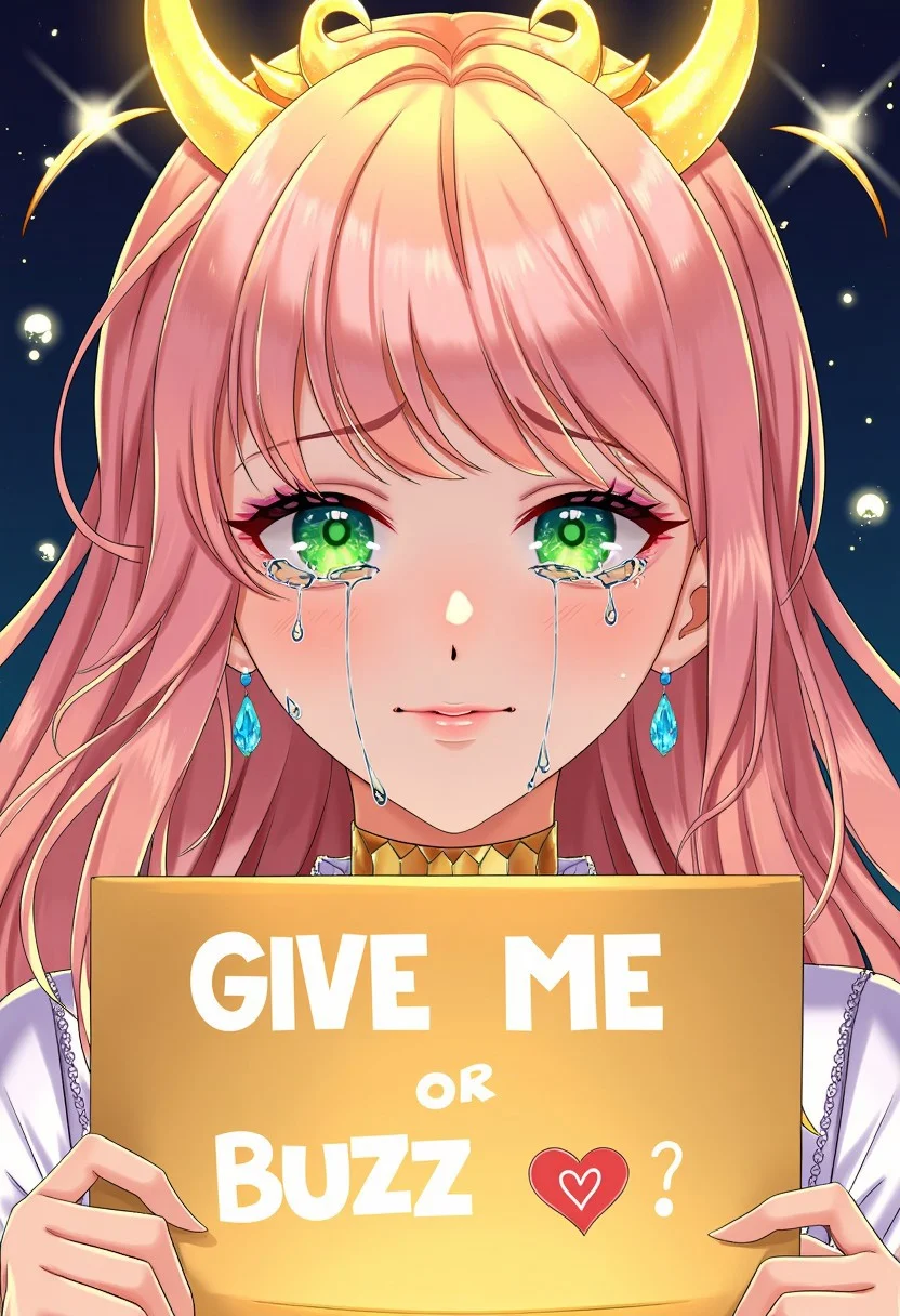 Holding a sign with the text " Give me Buzz or" 
Below the text is a shiny bright Gold Heart emoji
A close-up of a female character with long, flowing pinkish hair, subtly adorned with glowing, fiery elements, creating an ethereal look. Her serene expression contrasts with the deep emotion in her vivid green eyes, which brim with glossy tears cascading down her cheeks, catching the warm light. Her eyes, glowing with intricate reflections, convey quiet intensity despite her calm demeanor.
A radiant crown of glowing golden beams forms a halo around her head, paired with horn-like adornments that give her a regal, otherworldly presence. The golden light enhances her ethereal beauty, casting soft shadows on her delicate features, blending majesty with vulnerability. Beneath her chin, a golden, scale-like collar gleams, while glowing blue crystal earrings dangle gently, symbolizing her connection to both divine and earthly realms.
The scene is bathed in a warm, radiant glow, with golden sparkles floating around her, set against a backdrop of deep blues that contrast beautifully with the fiery golds. This interplay of light, regal adornments, and cascading tears gives the character an aura of divine sorrow or quiet strength, as if she is a celestial being lost in a moment of profound contemplation. Her expression and adornments evoke a powerful mix of beauty, vulnerability, and grace