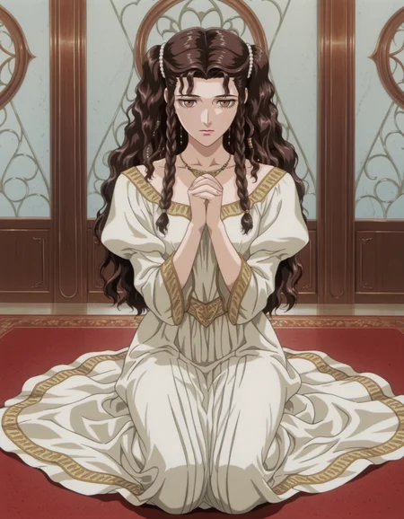 best quality, masterpiece, highly detailed, highres, charlotte elbourne \(vampire hunter d\), solo, 1girl, necklace, brown eyes, jewelry, long hair, brown hair, braid, wavy hair, pink lips, dress, praying, kneeling,
<lora:Vampire Hunter D Illustrious 0.1-step00000720:0.7>