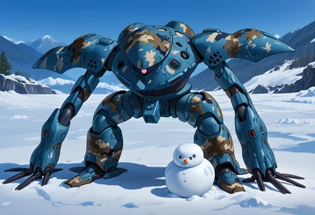 score_9, score_8_up, score_7_up, source_anime, front view, BREAK, ( hygogg, blue_hygogg_armor, blue camo, camo painted hygogg, pink monoeye, looking at viewer, leaning forward, long arms, very long arms, long claws) 1mech, blue camo painted mech, wide mech, large shoulders, large shoulder armor, mech focus, solo, BREAK, in snow, making snowman, waving, arm raised, two arms, ral-camo