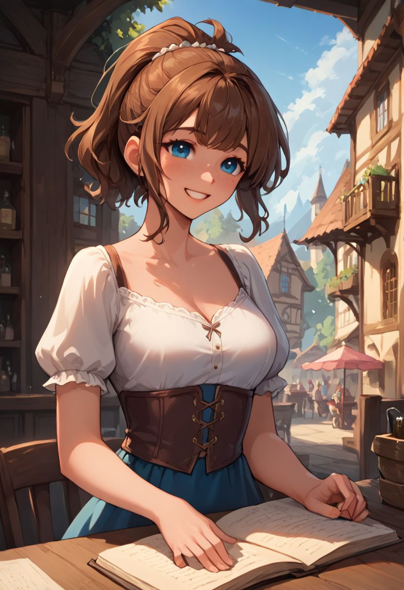 score_9, score_8_up, score_8_up, 1girl, sexy 20yo white caucasian girl, happy, smiling, friendly, girl standing, (((fantasy adventurer))),  (brown hair), ponytail, bangs, sidelocks, short hair, freckles, blue eyes(medium breasts;1.3)  narrow source comic book, pastel colors, high res image, masterpiece, fantasy town, sitting in a pub, listening intently, flirting, elbows on table, pushing hair out of face
