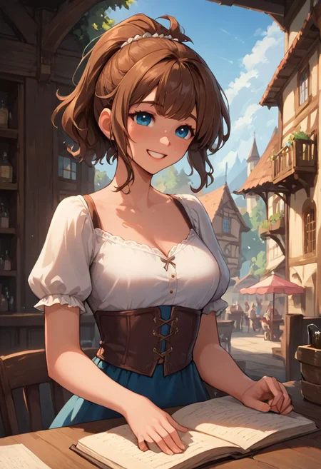 score_9, score_8_up, score_8_up, 1girl, sexy 20yo white caucasian girl, happy, smiling, friendly, girl standing, (((fantasy adventurer))),  (brown hair), ponytail, bangs, sidelocks, short hair, freckles, blue eyes(medium breasts;1.3)  narrow source comic book, pastel colors, high res image, masterpiece, fantasy town, sitting in a pub, listening intently, flirting, elbows on table, pushing hair out of face