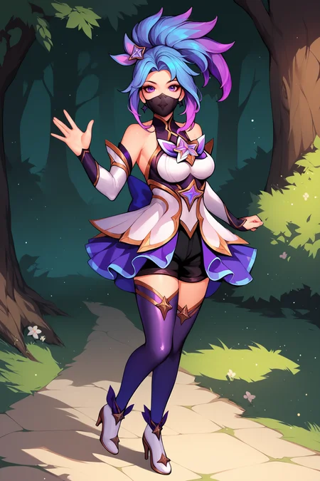 score_9, score_8_up, score_7_up, score_6_up, BREAK, AkaliSGXL, purple eyes, black mouth mask, purple hair, multicolored hair, parted bangs, star hair ornament, medium breasts, star guardian (league of legends), white dress, detached sleeves, black elbow gloves, black shorts, purple thighhighs, white high heels, solo, full body, standing, waving, looking at viewer, forest, tree <lora:AkaliSGXL:0.8>