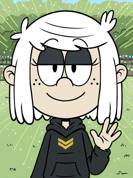 (masterpiece,best quality,newest,absurdres,highres), Lup4L0ud, 1girl, solo, short hair, white hair, black pantyhose, black hoodie, outdoor, smile, upper body, raise left arm, day, outdoor, garden, waving, looking at viewer, sunlight, shadows, natural lighting, sunlight, light particles, light rays, sunbeam, dappled sunlight <lora:Lupa_Loud_IllustriousXL:1>