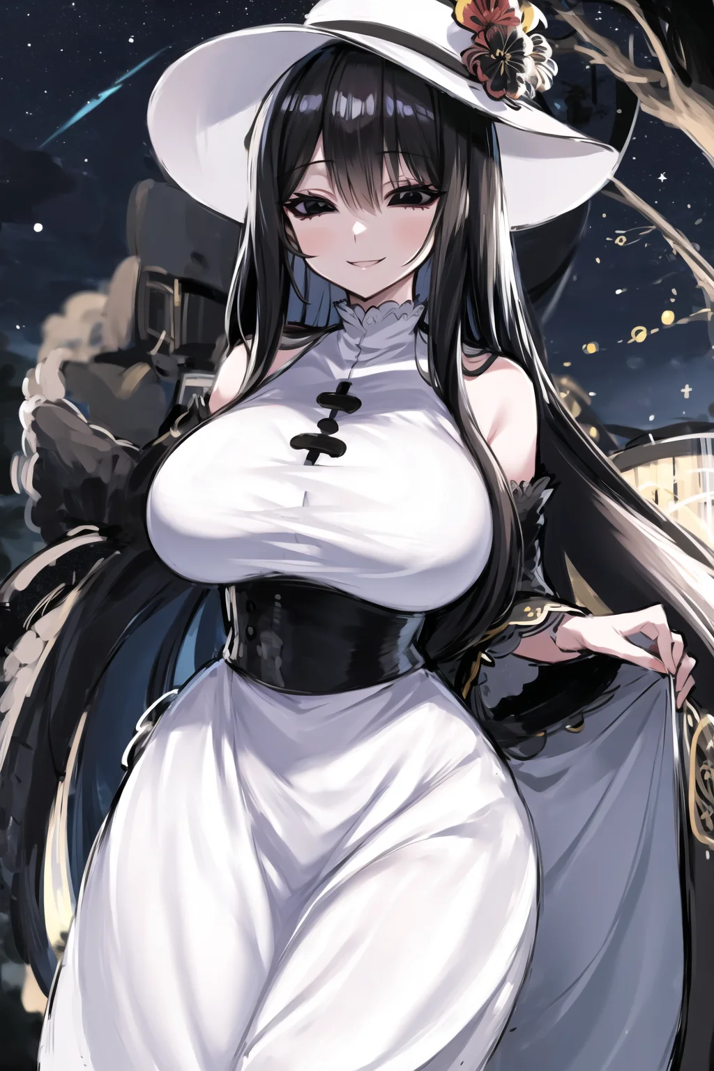 (solid eyes), hachishakusama, black eyes, colored sclera, smile, dress, large breasts, wide hips, tall female, white hat, white dress, night, looking at viewer, starry sky, full moon,<lora:Solid Eyes V6:0.6>, <lora:hachishakuSamaLORA_v4:0.6>