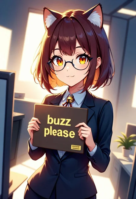 ((buzz)), ((girl holding a medium sign with text "Buzz  Please")), cute, glasses, safe for work, sfw, high angle, office lady, slight smile, rim lighting, golden hour, office, bell pierce cat ear