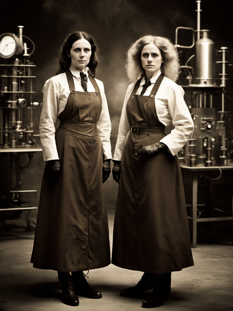 cinematic photo walking, angry crazy victorian inventor (2 woman:1.3)  long unkempt hair, stained labcoats, electric discharge, corpulent  Jane and thin Olive <lora:BarnumAtelier-SDXLa:1> portrait, full-body, detailed skin, skin imperfections, skin pores, laboratory full of equipment,  ethereal ghost in the background. sepia . 35mm photograph, film, bokeh, professional, 4k, highly detailed