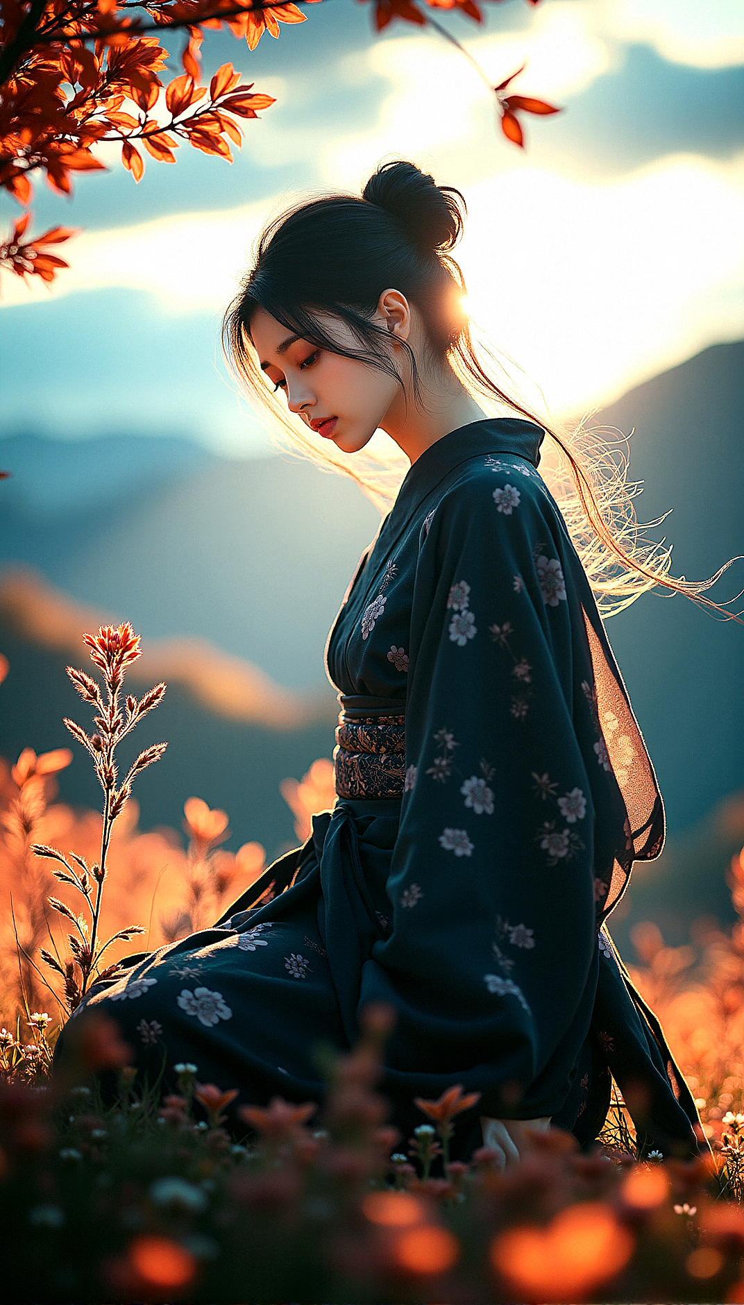 An extreme realism ultra wide shot of a beautiful kunoichi, in an autumnal setting inspired by the Edo period. The scene captures the motion of strong winds, swirling leaves, and the dark clouds looming over a rugged mountainous landscape, all reflected in her intense amber eyes.Wearing  lightweight kimono-inspired outfit with a short hem and fitted sleeves, allowing for freedom of movement. The fabric is dark with subtle floral patterns, tied with an obi, and paired with tabi boots.

neeling to Examine a Flower

The kunoichi kneels to examine a small autumn flower growing at the base of a tree, her expression calm and peaceful.
