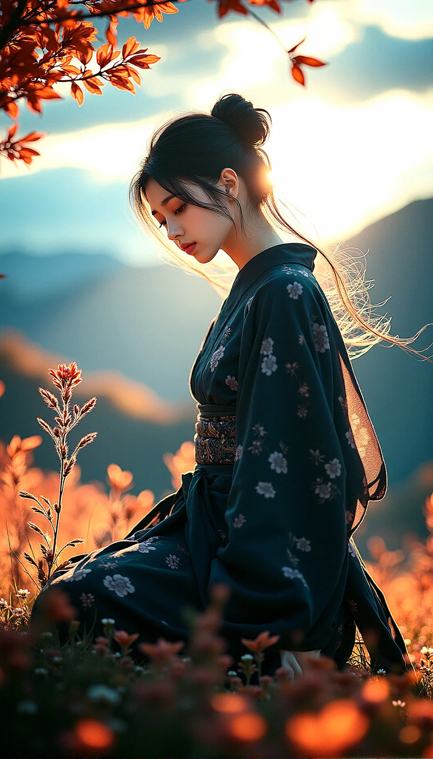An extreme realism ultra wide shot of a beautiful kunoichi, in an autumnal setting inspired by the Edo period. The scene captures the motion of strong winds, swirling leaves, and the dark clouds looming over a rugged mountainous landscape, all reflected in her intense amber eyes.Wearing lightweight kimono-inspired outfit with a short hem and fitted sleeves, allowing for freedom of movement. The fabric is dark with subtle floral patterns, tied with an obi, and paired with tabi boots.
neeling to Examine a Flower
The kunoichi kneels to examine a small autumn flower growing at the base of a tree, her expression calm and peaceful.