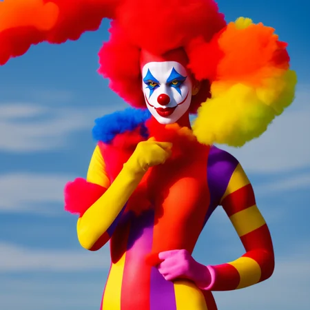 A medium shot of a supermodel (TVClown) dressed in a flamboyant costume standing and big red clown nose, sexy, lustful. Big boobs, large breasts