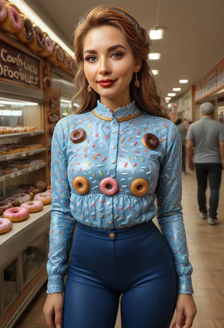 d0nu71f13d, bakery, aged female, short jacket, tight white silk blouse pattern, black pants, dark red lips, gentle smile, 35 years old, score_9, score_8_up, score_7_up, score_6_up, score_5_up, score_4_up, UHD, 8K, masterpiece, detailed, ultra_high_resolution, lots of detail, Ultra detailed photo realistic background, realistic high detailed beautiful face, anatomic correct bodies, extremely realistic, lots of detail, strong, athletic, seductive, small waist, wide hips, big brown eyes, indoors, (background made of doughnuts:2.4), ladyjoe, purple hair, blue dress, frills.