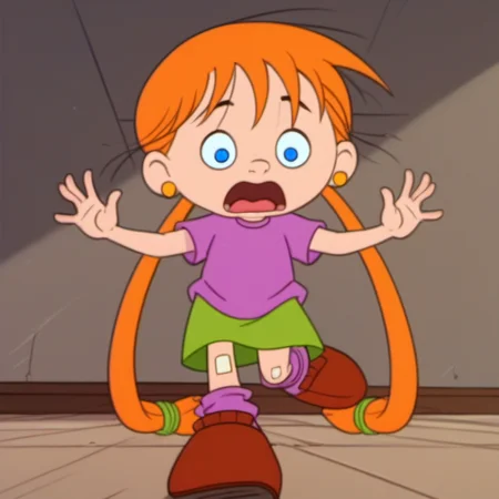 score_9, score_8_up, score_7_up, 1girl, solo, jacbw1, blue eyes, orange hair, very long twintails, tripping over, falling forwards, from below, jewelry, earrings, shocked, open mouth, purple shirt, green skirt, bandaid on knee, purple socks, brown footwear, perfect hands, child, floor, lens_flare, Volumetric Lighting, <lora:jacbw1-000010:1>,