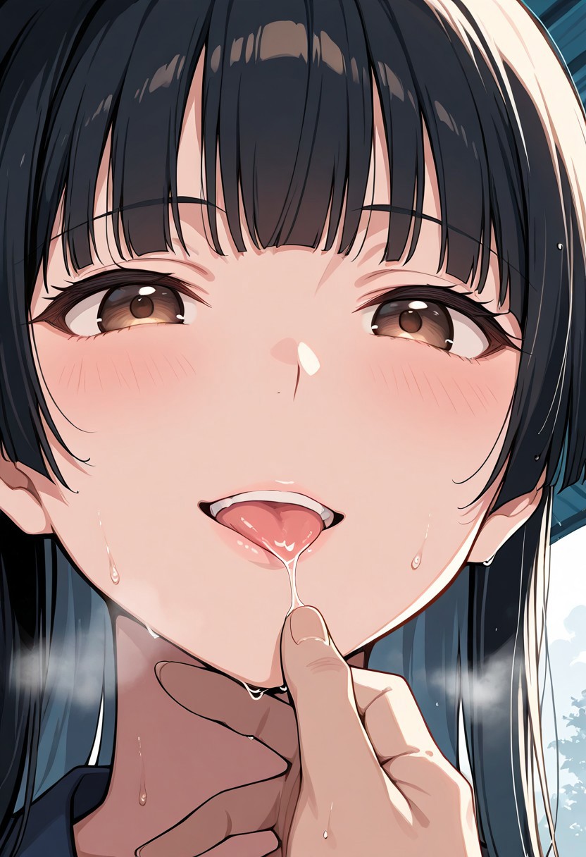 (masterpiece, 2.5D:1.2), (score_9, score_8_up, score_7_up,source_anime), ultra-detailed,24K, best quality, CG, illustration, (Uncorrected), 
pov, close-up from below, 
1girls, solo, french kiss, (japanese cute girl, pale pink lips), wet face, wet, wearing japan army uniform. wet clothers, happy smile, 
tongue out, saliva, saliva trail, saliva strings, drool, 
smoking, steam, fog, smog, misty, 
(glossy skin:1.3), (glossing hair, wet hair, glossing eyes, ultra-detailed eyes), 
(1 girl is, black hair, long hair, hime cut hair, brown eyes), 
in Bus stop in the rain,
