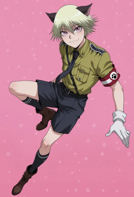 masterpiece, best quality, amazing quality, very aesthetic, absurdres, WOSchrödinger, 1boy, solo, male focus, blonde hair, short hair, cat ears, pink eyes, green collared shirt, black necktie, armband, white gloves, sam browne belt, black belt, black shorts, black kneehighs, brown boots, full body, dynamic pose, happy, pink background, perspective, looking at viewer, :3, patterned background, sun symbol background,
