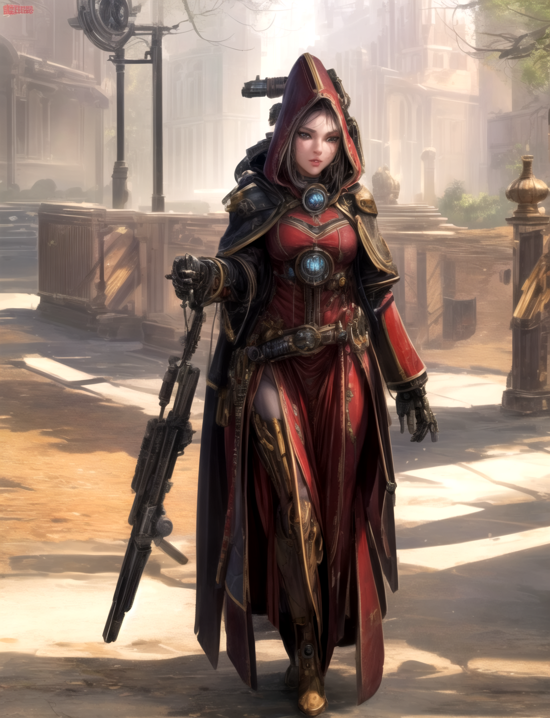 Ultra-realistic 8k CG, masterpiece, best quality, (very detailed face),masterpiece, best quality, 1girl, 20 years old, woman, colorful, (full body, wide shot),  <lora:more_details:0.8>  <lora:techpriest:0.8> mechanical arms, steampunk, hood, robe, techpriest, forgeworld, adeptus mechanicus,