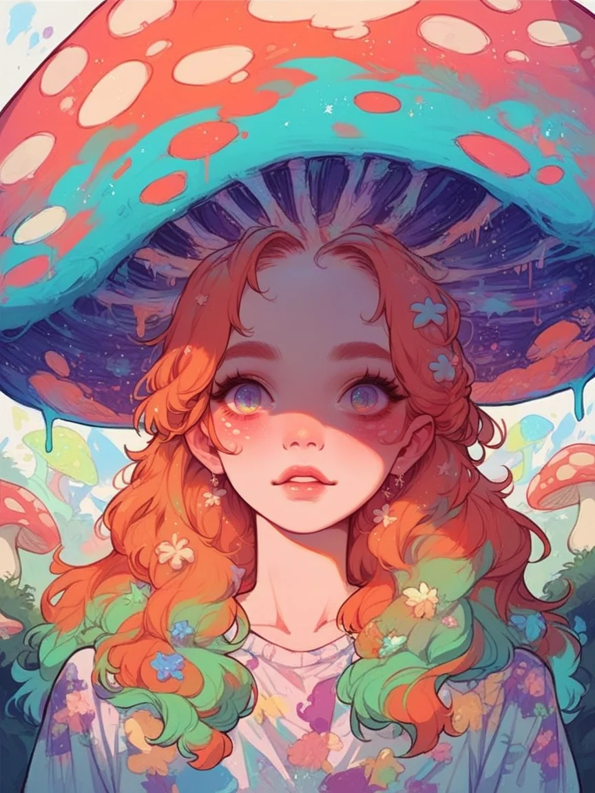 score_9, score_8_up, score_7_up, score_6_up, mushg4l, 1girl, colourful, trippy, mushroom on head, long hair, ginger hair <lora:mushg4lXLP:0.8>