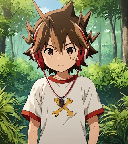 score_9,score_8_up,score_7_up,score_6_up,score_5_up,score_4_up,source_anime,
1boy,solo,solo focus,male focus,child,male child,underage,early teen,<lora:PonyCharacter-TodorokiKakeruPerson-000008:1>,TodorokiKakeruPerson,brown hair,brown eyes,spiked hair,headphones,hair between eyes,ahoge,bandaid on face,bandaid,outdoors,forest,