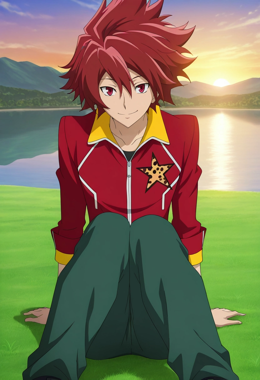 masterpiece, best quality, intricate details, anime screencap, anime coloring, official style, looking at viewer, 1boy, solo, male focus, <lora:takuto_tsunashi_ilxl:0.96>, takuto_tsunashi, red hair, red eyes, spiked hair, bangs, , symmetry, lake city, dusk, knees together feet apart, smile, Hiking pants, Ruby Leopard print Polo jacket, , , and