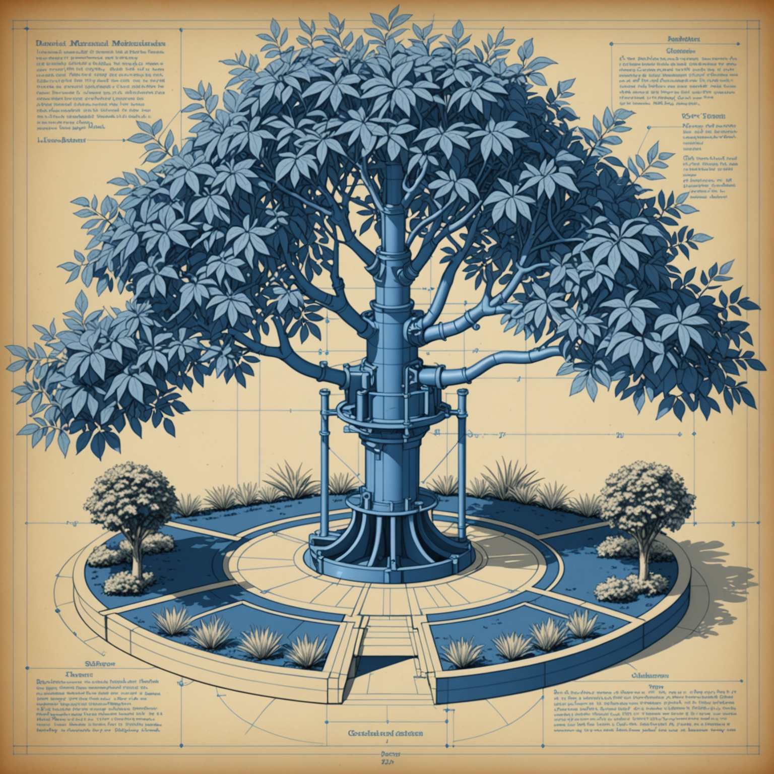 blueprint drawing of mechanical garden with large center tree