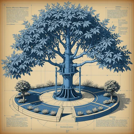 blueprint drawing of mechanical garden with large center tree