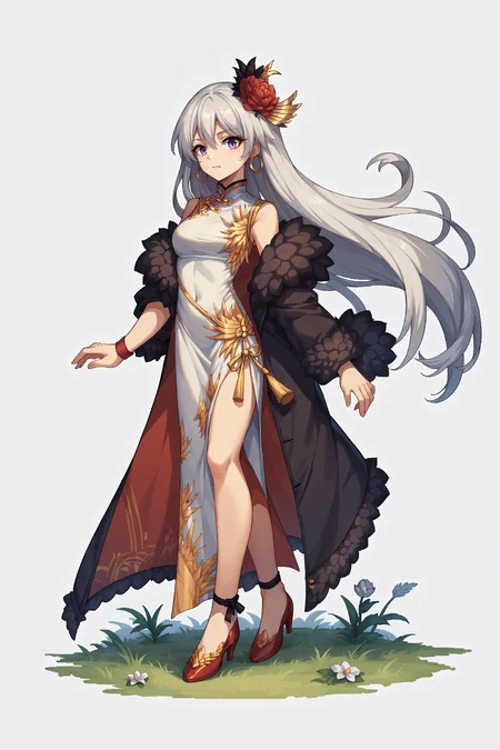 score_9, score_8_up, score_7_up, , rating_general,1girl ,epcn, hair flower, hoop earrings, neck black ribbon, white cheongsam, feather boa, black coat, side slit, golden tassel, red wristband, bare leg, ankle ribbon, red highheels, dynamic angle , source_anime,  <lora:EnterprisePDCAMEcomplete AL:1>, <lora:BraveFrontierPDCAME PixelArt:0.3>, pixel art, 2d, full portrait, simple background, white background,