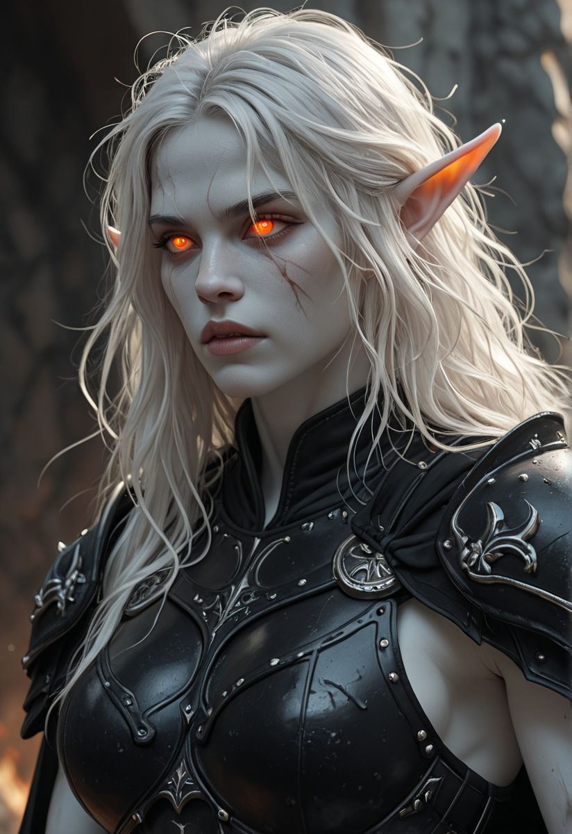 1girl, pale, white skin, colored skin, pale skin, soft lips, glossy lips, elf, pointy ears, detailed eyes, glowing eyes, muscular woman, armor, cape, leather armor, scar, scars on face, white hair, long hair, messy hair, black armor, black leather,,