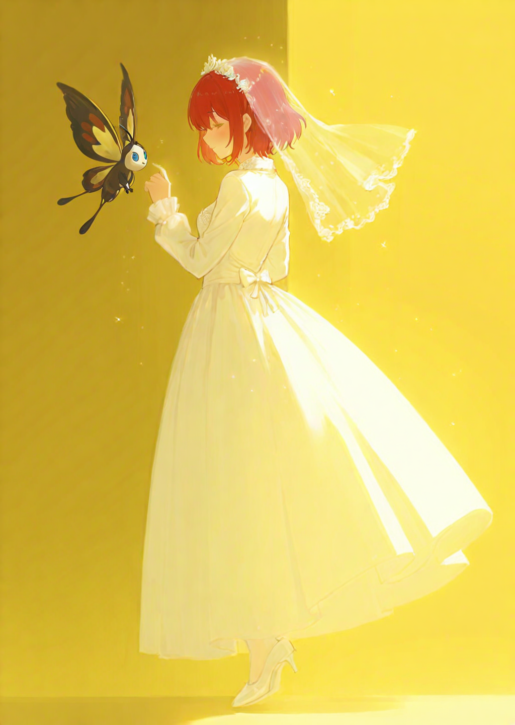 masterpiece,best quality,very aesthetic,<lora:0__11Xx:0.95>,1girl,full body,<lora:NOOB_vp1_detailer_by_volnovik_v1:1>,yellow light,view of back,red hair,short hair,flying,wedding dress,bridal veil,sacred,religion,long sleeves,,long skirt,thin,beautifly,