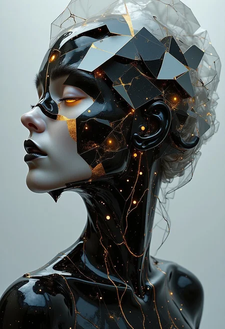 young woman, An abstract composition of translucent forms and geometric precision, where shards of piano black and luminous white porcelain intersect and overlap. The fragments, stripped of figurative representation, are pure geometric shapes - triangles, squares, circles - their sharp edges and smooth curves juxtaposed. The piano's black fragments, translucent, allow light to partially penetrate, creating ethereal depth and mystery. The white porcelain fragments, polished to a luminous sheen, radiate an inner light, their edges blurring softly. Intricate veins of gold, like threads of light, weave through both materials, connecting the disparate shapes and creating unity and cohesion. These golden lines pulse with subtle energy, hinting at unseen forces. The background is an ethereal blend of soft greys and muted whites, allowing the fragments to float and interact weightlessly. Delicate wisps of white, representing energy flow, dance around, adding dynamic movement and ethereal beauty. The overall impression is one of ethereal beauty and haunting fragility, a testament to geometric abstraction and the delicate balance between presence and absence.