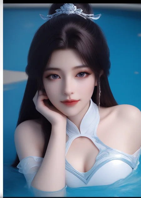 (looking_at_viewer:1.4),full_shot,chin_rest,bunching_hair,lying_on_water,1girl,solo,dress,hair ornament,portiart,from front,masterpiece,(best quality),official art,extremely detailed cg 8k wallpaper,crystalstexture skin,(extremely delicate and beautiful),solo,realistic,photo_\(medium\),hiqcgbody,chinese background,eye-contact,(smile:0.7),jewelry,absurdres,incredibly absurdres,huge filesize,<lora:æå©µ_V1-000001:1>,