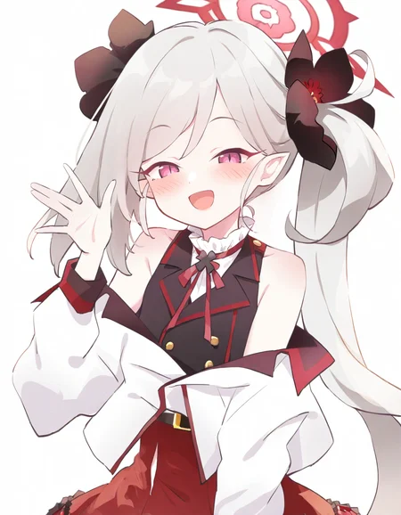 <lora:ruiruika:1.3>,1girl,mutsuki \(blue archive\),blue archive,black shirt,blue eyes,cropped shirt,dress,grey hair,half-closed eyes,halo,hand up,long hair,looking at viewer,neck ribbon,open mouth,red dress,red eyes,red halo,red ribbon,ribbon,shirt,side ponytail,simple background,smile,solo,white background,hair scrunchie,cropped torso,sidelocks,off shoulder,upper body,:d,buttons,frilled dress,short dress,frills,flower,blush,pointy ears,black ribbon,black flower,jacket,scrunchie,bare shoulders,collared shirt,waving,sleeveless,very long hair,hair ornament,white jacket,c,, masterpiece, best quality, very aesthetic, absurdres,newest, incredibly absurdres,