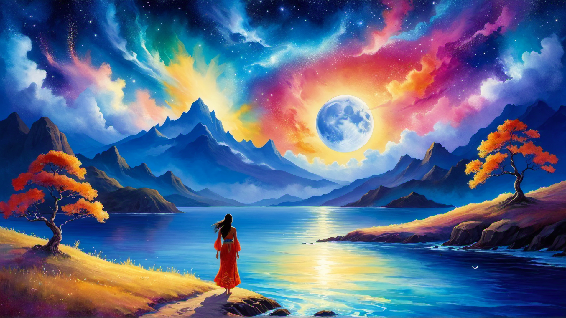 Concept art, Water color painting, Fashion Portrait of an award winning, landscape of a (Avarua:1.2) , it is very Illuminated, Moon in the night, stylized by Nicholas Roerich, mystical landscapes, spiritual themes, vivid colors, cosmic, symbolic, bold colors, <lora:ral-dissolve-sdxl:1> made out of ral-dissolve, magical composition, rich deep colors, background inspired, detailed, ambient light, handsome