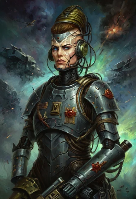 w4rh4mm3r style oil painting, intricate, grimdark,, detailed, retro military infantry commander, female, damaged battle armor, nuclear cyberspace background