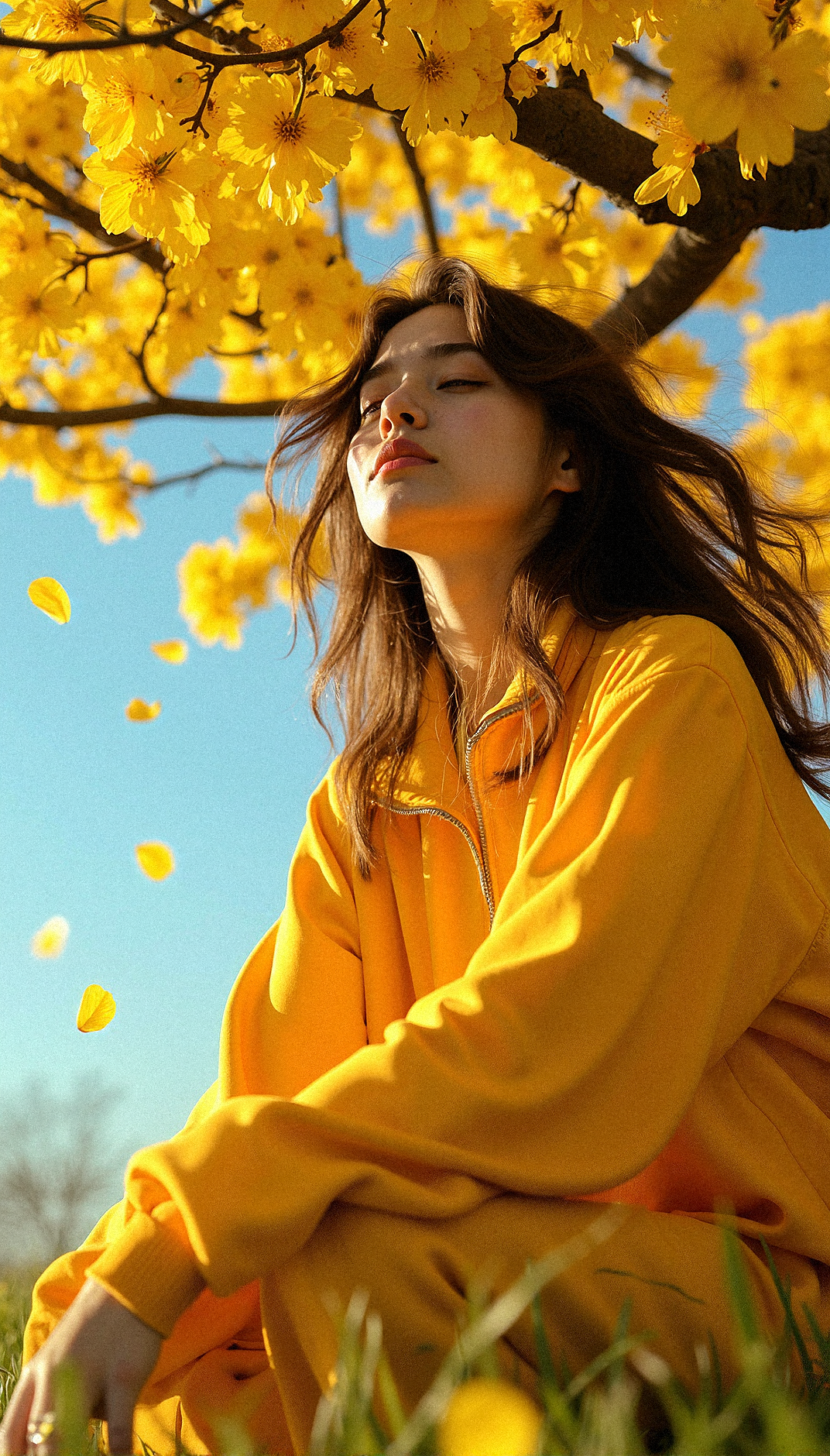 a scene where a woman, a golden-bloomed tree, her face lit by the warm glow of the blossoms. She is dressed in a casual tracksuit, and her expression is serene yet reflective. The vibrant yellow flowers above form a natural canopy, with a few petals gently floating down around her, creating a tranquil yet poignant atmosphere. The sky behind is a clear, deep blue, contrasting with the bright blossoms. Every detail, from the texture of her clothes to the soft light filtering through the flowers, is captured in sharp, photorealistic detail, highlighting the harmonious blend of natural beauty and human presence.

Kneeling with both hands gripping the grass