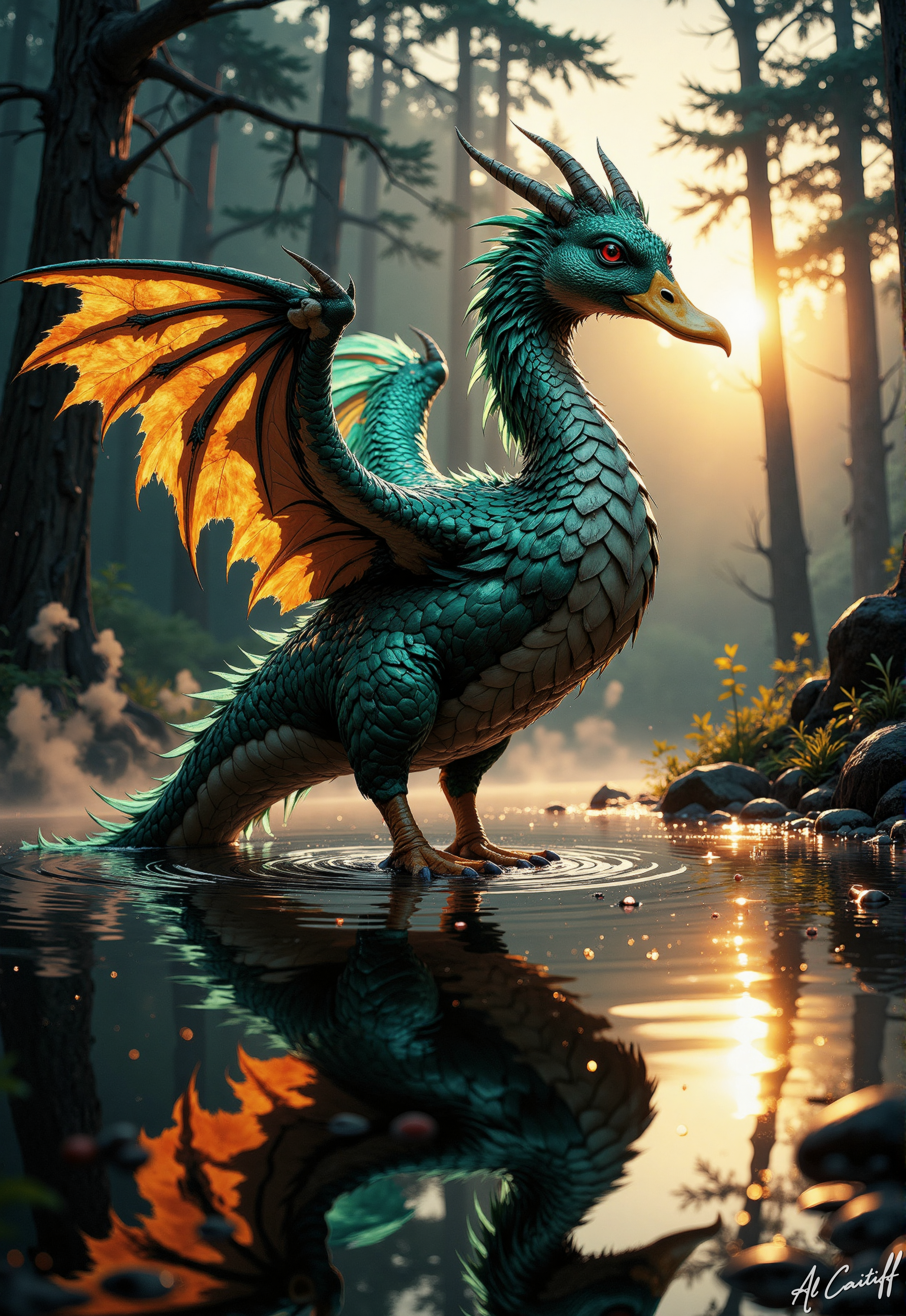 High-angle Dutch tilt shot, 35mm fisheye lens with extreme barrel distortion, intense motion blur on water, shallow f/1.4 depth of field. A majestic iridescent dragon duck creature with a yellow beak and a long, curved dragon wings stands on the edge of a misty forest pond, its teal and turquoise feathers and scales gradating into warm golden hues towards the long spiked tail. The wings are spread wide, as if in mid-flap, with the leading edges glowing with an ethereal, fiery light. The creature's eyes burn with an inner red glow. In the background, a few wispy strands of fog cling to the branches of ancient trees. The atmosphere is eerie and mystical, with a faintly luminescent mist rising from the water's surface. Under the crystaline water golden eggs can be seen. The scene is illuminated by a setting sun hidden behind the trees, casting a warm orange glow through the mist.<lora:CustomFlux/MysticComic-v2.safetensors:0.5000000000000001:0.5000000000000001>