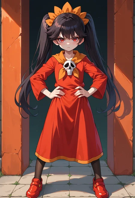 score_9, score_7_up, source_anime, BREAK <lora:ashley_warioware:0.7> black hair, twintails, long hair, red eyes, orange hairband, bangs, skull, pantyhose, red footwear, red dress, pout, standing, leaning, hands on own hips, legs apart, solo,