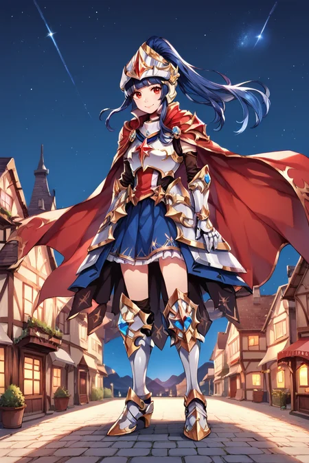 score_9, score_8_up, score_7_up, source anime, BREAK, <lora:Claire__Colt:0.75>, Clabase, ClaAlt, 1girl, red eyes, blue hair, long hair, ponytail, sidelocks, braided bun, single hair bun, helmet, visor (armor), armor, white collar, popped collar, breastplate, cuirass, gauntlets, greaves, pauldrons, high-low skirt, armored skirt, armored dress, skirt under dress, hip armor, blue skirt, short skirt, gold trim, cape, red cape, (smile), looking at viewer, (full body), <lora:m4gXLP:0.5> , m4g, (solo), outdoors, exterior, (night), cosmos, stars, town, scenery, <lora:backgroundsetXL:0.2> , background,